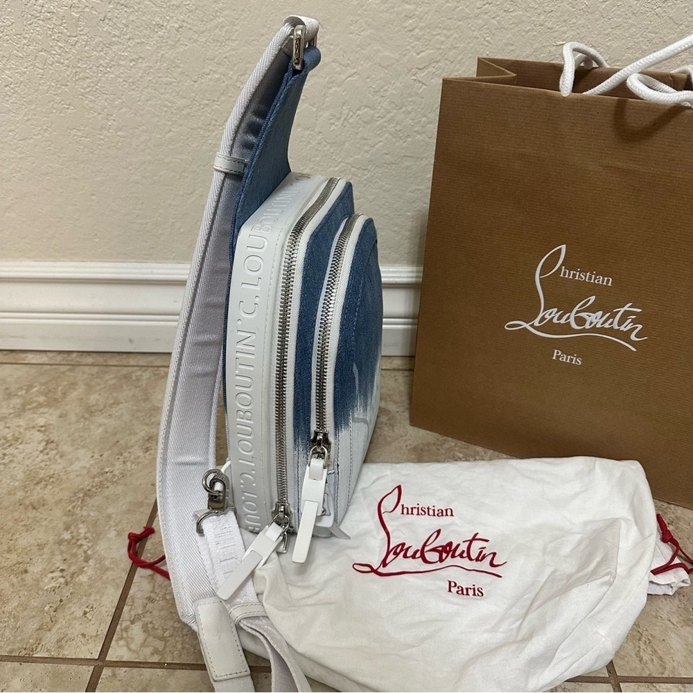 authentic Christian Louboutin Loubifunk Dégradé Denim & Jacquard Backpack - Picture 7 of 11